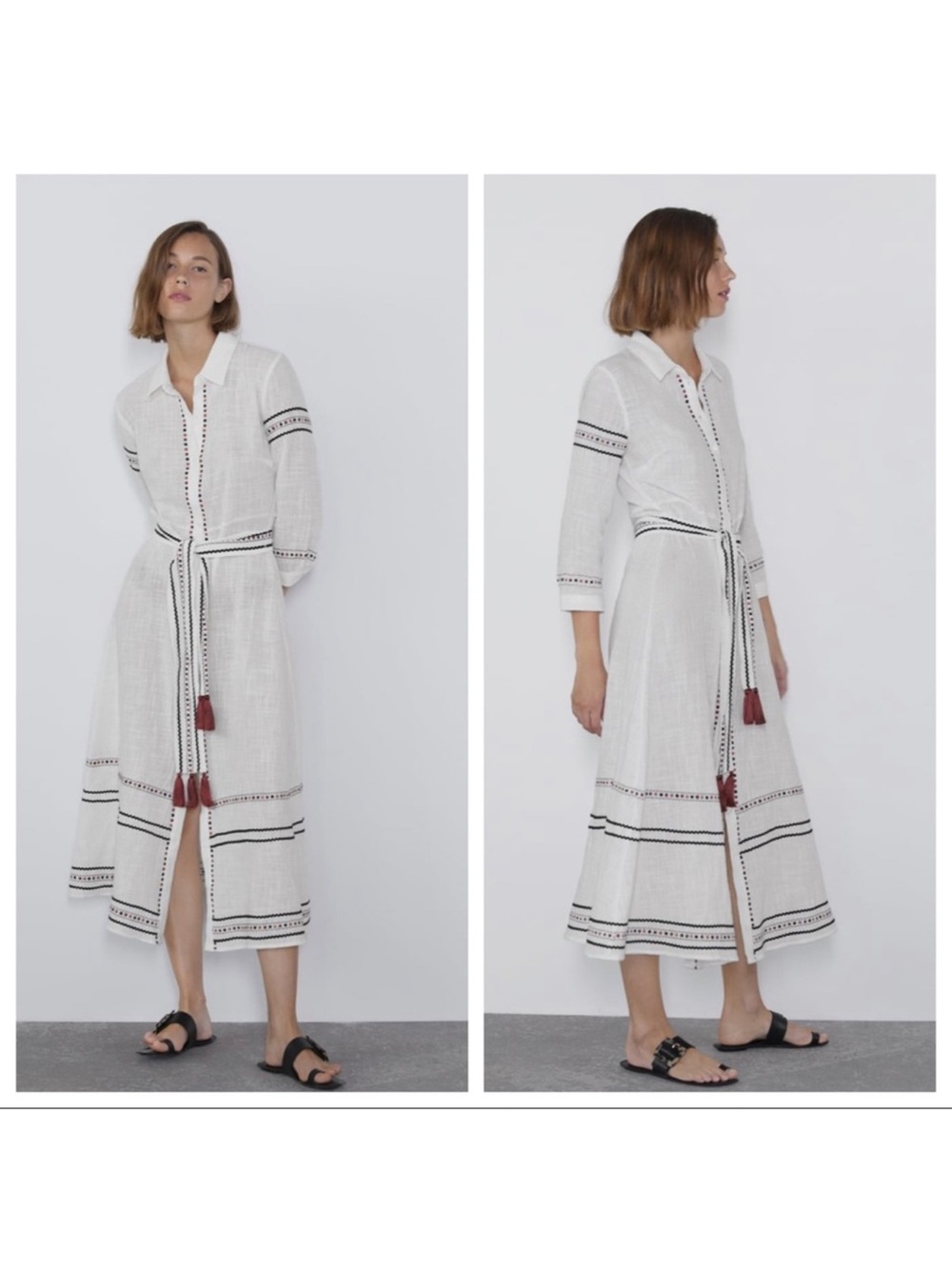 Zara White Midi Shirt Dress with Black Trim and Red Tassels